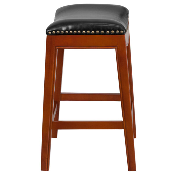 Lowest Price 26'' High Backless Light Cherry Wood Counter Height Stool with Black Leather Saddle Seat