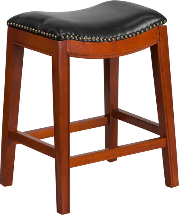 Wholesale 26'' High Backless Light Cherry Wood Counter Height Stool with Black Leather Saddle Seat