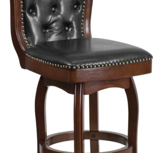 Wholesale 26'' High Cappuccino Wood Counter Height Stool with Button Tufted Back and Black Leather Swivel Seat