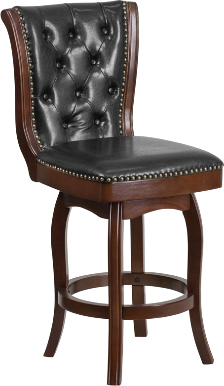 Wholesale 26'' High Cappuccino Wood Counter Height Stool with Button Tufted Back and Black Leather Swivel Seat