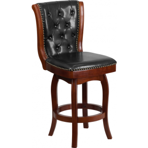 Wholesale 26'' High Cherry Wood Counter Height Stool with Button Tufted Back and Black Leather Swivel Seat