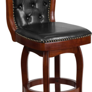 Wholesale 26'' High Cherry Wood Counter Height Stool with Button Tufted Back and Black Leather Swivel Seat