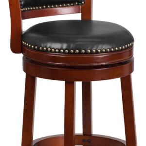 Wholesale 26'' High Dark Cherry Wood Counter Height Stool with Open Panel Back and Walnut Leather Swivel Seat