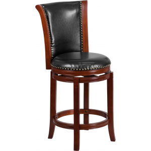 Wholesale 26'' High Dark Chestnut Wood Counter Height Stool with Panel Back and Black Leather Swivel Seat