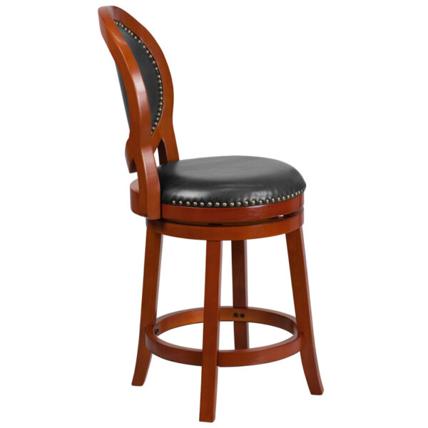 Lowest Price 26'' High Light Cherry Counter Height Wood Stool with Oval Back and Walnut Leather Swivel Seat