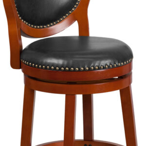 Wholesale 26'' High Light Cherry Counter Height Wood Stool with Oval Back and Walnut Leather Swivel Seat