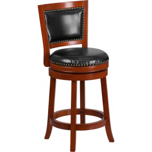 Wholesale 26'' High Light Cherry Wood Counter Height Stool with Open Panel Back and Black Leather Swivel Seat