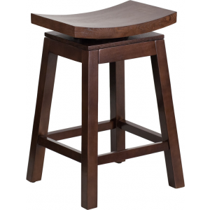 Wholesale 26'' High Saddle Seat Cappuccino Wood Counter Height Stool with Auto Swivel Seat Return