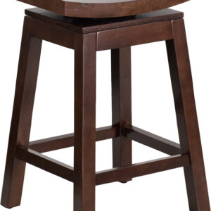Wholesale 26'' High Saddle Seat Cappuccino Wood Counter Height Stool with Auto Swivel Seat Return