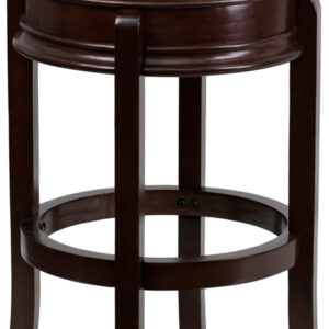 Wholesale 29'' High Backless Cappuccino Wood Barstool with Carved Apron and Black Leather Swivel Seat