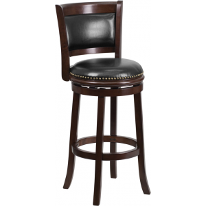 Wholesale 29'' High Cappuccino Wood Barstool with Panel Back and Black Leather Swivel Seat