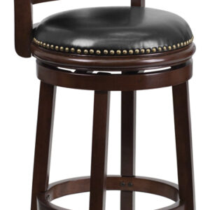 Wholesale 29'' High Cappuccino Wood Barstool with Panel Back and Black Leather Swivel Seat