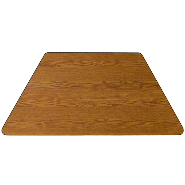 Lowest Price 29.5''W x 57.25''L Trapezoid Oak Thermal Laminate Activity Table - Height Adjustable Short Legs