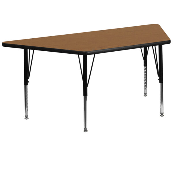 Wholesale 29.5''W x 57.25''L Trapezoid Oak Thermal Laminate Activity Table - Height Adjustable Short Legs