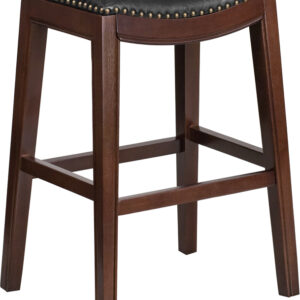 Wholesale 30'' High Backless Cappuccino Wood Barstool with Black Leather Saddle Seat