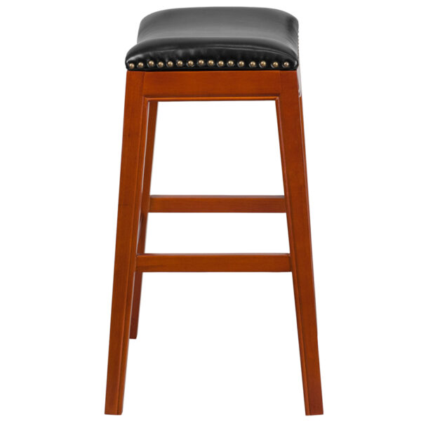 Lowest Price 30'' High Backless Light Cherry Wood Barstool with Black Leather Saddle Seat