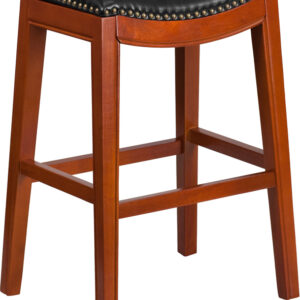 Wholesale 30'' High Backless Light Cherry Wood Barstool with Black Leather Saddle Seat