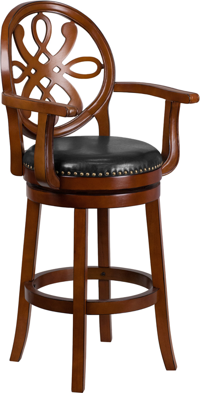 High Brandy Wood Barstool With Arms, Leather Swivel Bar Stools With Backs And Arms