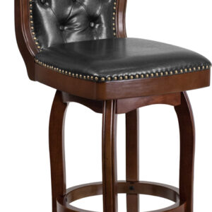 Wholesale 30'' High Cappuccino Wood Barstool with Button Tufted Back and Black Leather Swivel Seat