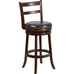 Wholesale 30'' High Cappuccino Wood Barstool with Single Slat Ladder Back and Black Leather Swivel Seat