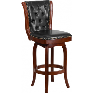 Wholesale 30'' High Cherry Wood Barstool with Button Tufted Back and Black Leather Swivel Seat
