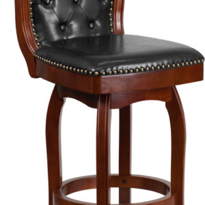 Wholesale 30'' High Cherry Wood Barstool with Button Tufted Back and Black Leather Swivel Seat