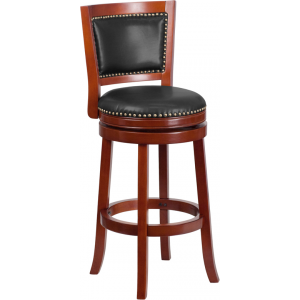 Wholesale 30'' High Dark Cherry Wood Barstool with Open Panel Back and Walnut Leather Swivel Seat