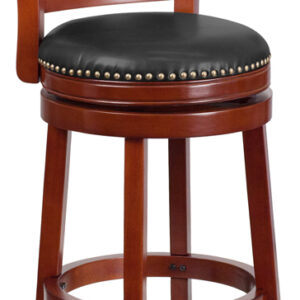 Wholesale 30'' High Dark Cherry Wood Barstool with Open Panel Back and Walnut Leather Swivel Seat