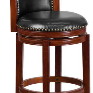 Wholesale 30'' High Dark Chestnut Wood Barstool with Panel Back and Black Leather Swivel Seat