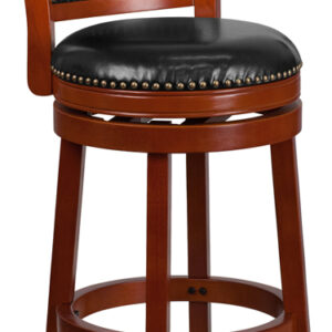 Wholesale 30'' High Light Cherry Wood Barstool with Open Panel Back and Black Leather Swivel Seat