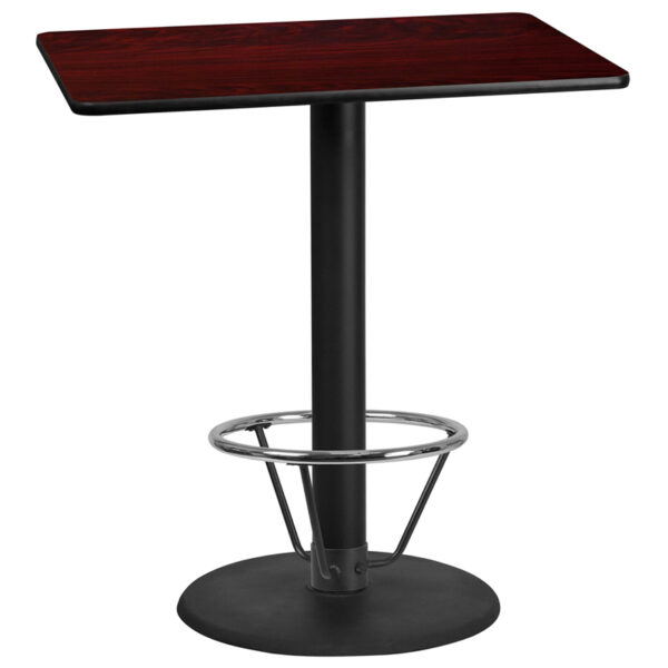 Wholesale 30'' x 42'' Rectangular Mahogany Laminate Table Top with 24'' Round Bar Height Table Base and Foot Ring