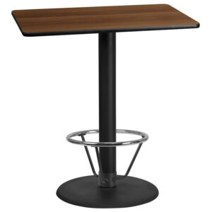 Wholesale 30'' x 42'' Rectangular Walnut Laminate Table Top with 24'' Round Bar Height Table Base and Foot Ring