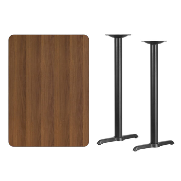 Lowest Price 30'' x 42'' Rectangular Walnut Laminate Table Top with 5'' x 22'' Bar Height Table Bases