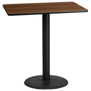 Wholesale 30'' x 45'' Rectangular Walnut Laminate Table Top with 24'' Round Bar Height Table Base