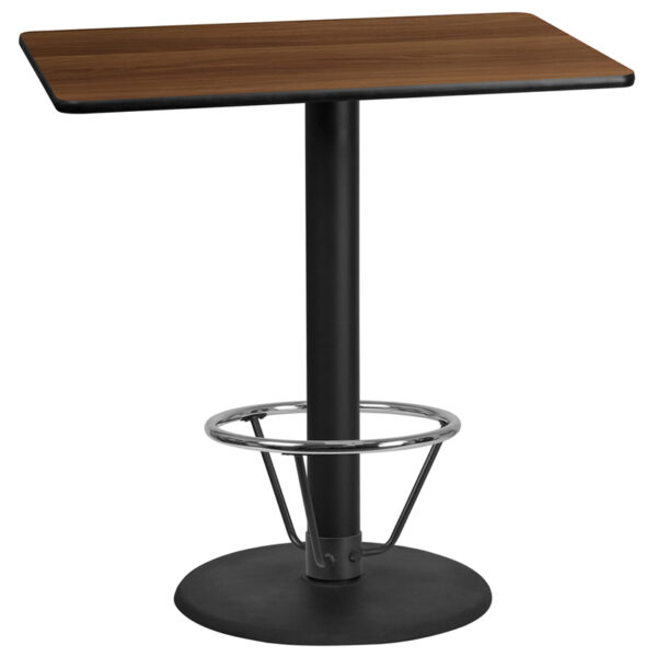 Wholesale 30'' x 45'' Rectangular Walnut Laminate Table Top with 24'' Round Bar Height Table Base and Foot Ring