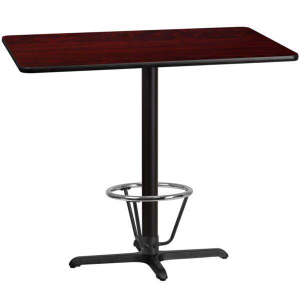 Wholesale 30'' x 48'' Rectangular Mahogany Laminate Table Top with 22'' x 30'' Bar Height Table Base and Foot Ring