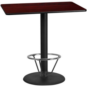 Wholesale 30'' x 48'' Rectangular Mahogany Laminate Table Top with 24'' Round Bar Height Table Base and Foot Ring