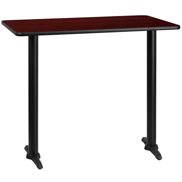 Wholesale 30'' x 48'' Rectangular Mahogany Laminate Table Top with 5'' x 22'' Bar Height Table Bases