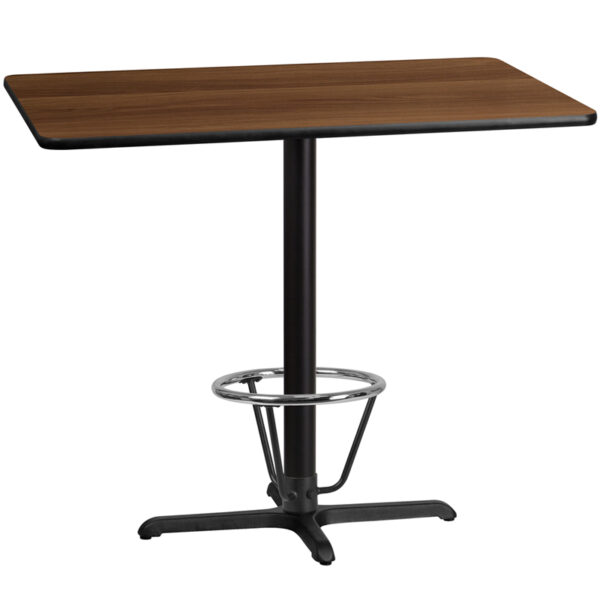 Wholesale 30'' x 48'' Rectangular Walnut Laminate Table Top with 22'' x 30'' Bar Height Table Base and Foot Ring