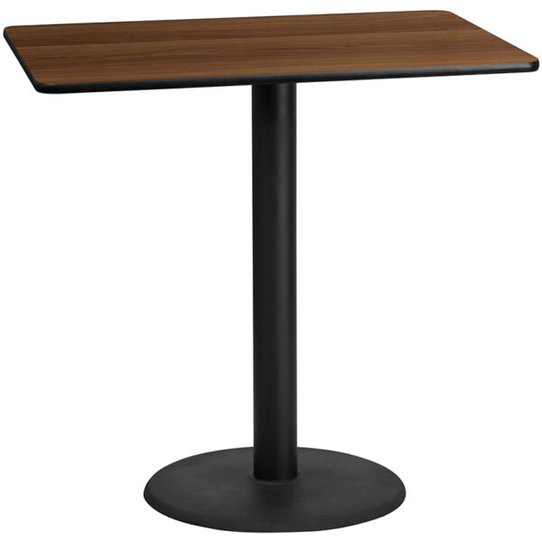 Wholesale 30'' x 48'' Rectangular Walnut Laminate Table Top with 24'' Round Bar Height Table Base