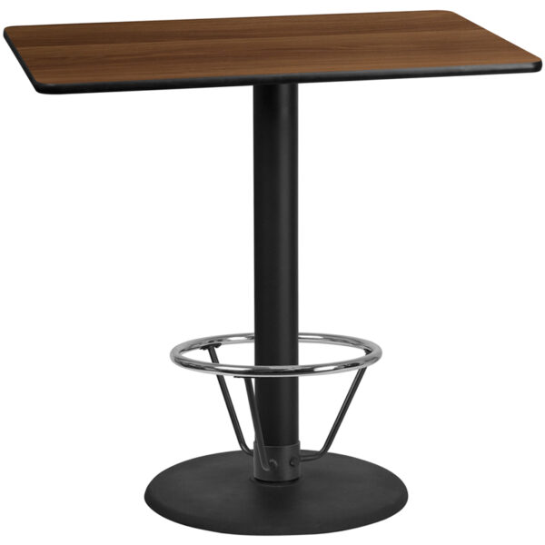Wholesale 30'' x 48'' Rectangular Walnut Laminate Table Top with 24'' Round Bar Height Table Base and Foot Ring