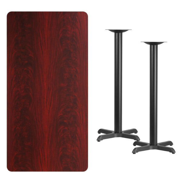 Lowest Price 30'' x 60'' Rectangular Mahogany Laminate Table Top with 22'' x 22'' Bar Height Table Bases
