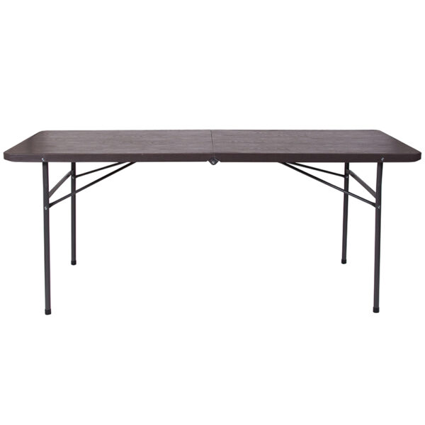 Lowest Price 30''W x 72''L Bi-Fold Brown Wood Grain Plastic Folding Table with Carrying Handle