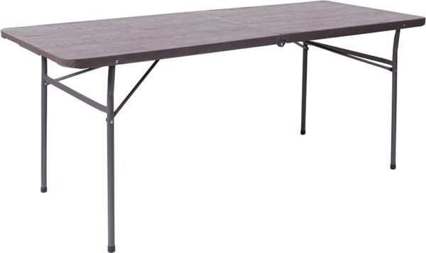 Wholesale 30''W x 72''L Bi-Fold Brown Wood Grain Plastic Folding Table with Carrying Handle
