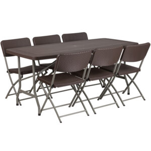 Wholesale 32.5''W x 67.5''L Brown Rattan Plastic Folding Table Set with 6 Chairs