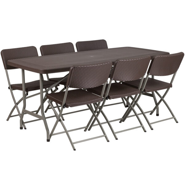 Wholesale 32.5''W x 67.5''L Brown Rattan Plastic Folding Table Set with 6 Chairs