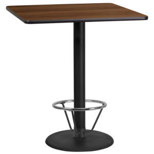 Wholesale 36'' Square Walnut Laminate Table Top with 24'' Round Bar Height Table Base and Foot Ring