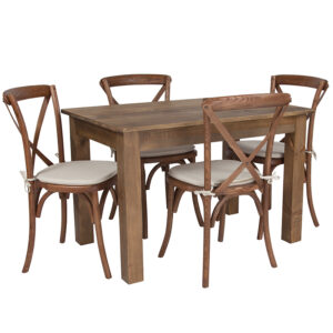 Wholesale 46" x 30" Antique Rustic Farm Table Set with 4 Cross Back Chairs and Cushions