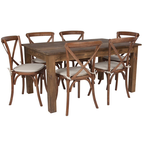 Wholesale 60" x 38" Antique Rustic Farm Table Set with 6 Cross Back Chairs and Cushions