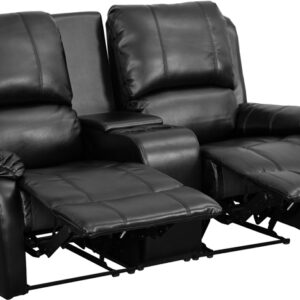 Wholesale Allure Series 2-Seat Reclining Pillow Back Black Leather Theater Seating Unit with Cup Holders